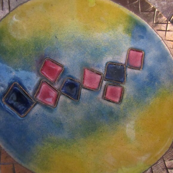 Copper and Enamel Dish with Handles Mid Century - Picture 2 of 3